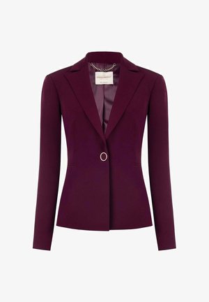 Blazer bordeaux con design aderente, rever a notched, chiusura con un solo bottone con un accento circolare e maniche lunghe. Tessuto dalla texture liscia.