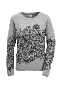 Grauer langärmeliger Pullover mit schwarzen aufwendigen Paisley-Blütenmustern auf der Vorderseite und den Ärmeln, Rundhalsausschnitt und gerippten Bündchen.