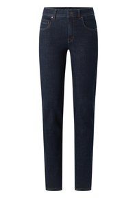 Mørkeblå denimjeans med rett ben-design, med to frontlommer og knappelukking. Sømmene er i kontrastfarge.