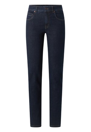 Dunkelblaue Jeans aus Denim mit geradem Bein, ausgestattet mit zwei frontalen Taschen und einem Knopfverschluss. Nähte in kontrastierender Farbe.
