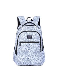 Zaino blu e bianco con motivo a disegno testurizzato, dotato di accenti neri, spallacci imbottiti e due tasche frontali con zip.