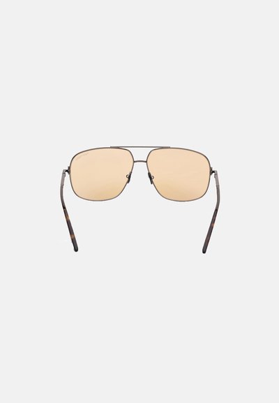 Metal aviator sunglasses with light amber lenses, a thin dark frame, and tortoiseshell temple tips. Features a double bridge design.