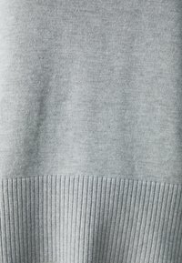 Lichtgrijze gebreide trui met een gladde textuur en geribde zoom. De stof oogt zacht en licht gemêleerd.