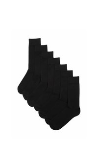 Set di calzini neri con design uniforme. Ogni calzino ha una lunghezza standard alla caviglia e una texture liscia, ideale per un abbigliamento casual.