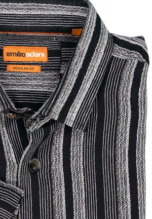 Black and white striped shirt with a regular fit, featuring a button-down collar and plastic buttons. Label reads "emilio adani."