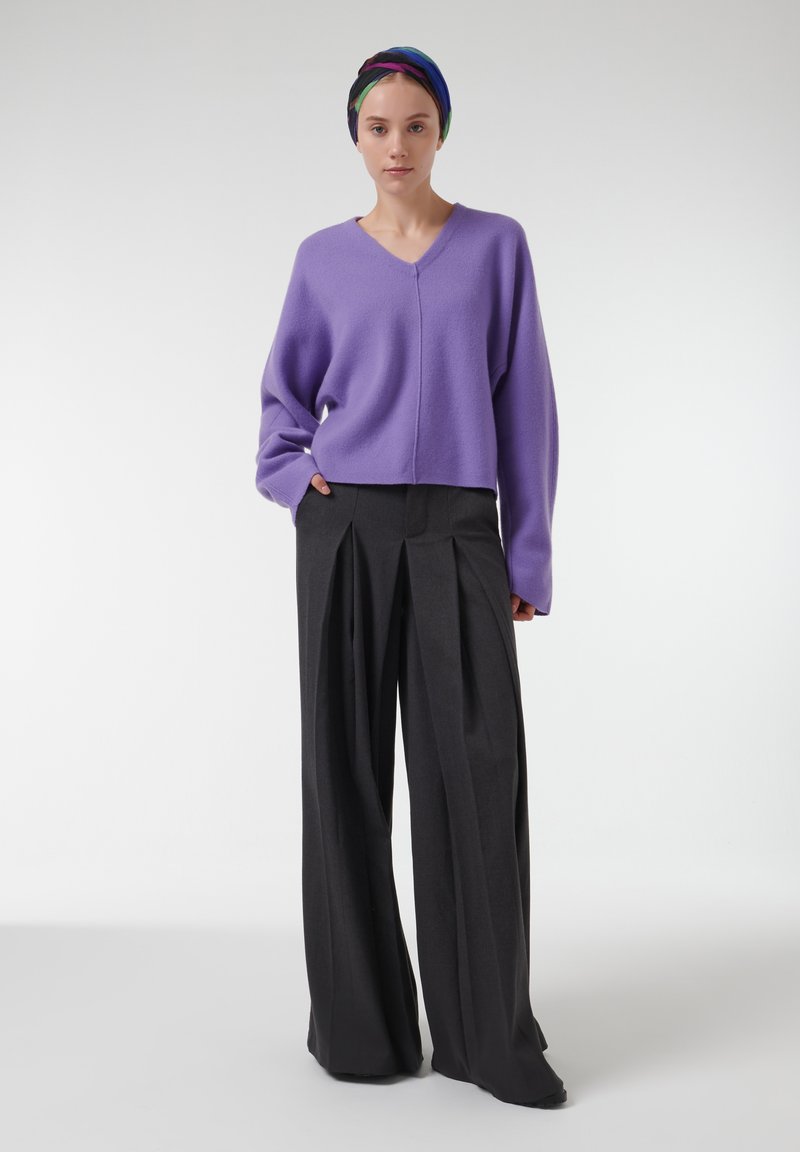 Pull en lavande, cintré, à col en V et manches longues, associé à un pantalon noir taille haute à jambe large avec des plis. Texture lisse.