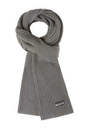 Gray ribbed scarf made of textured fabric, featuring a stitched label with "Camp David" branding near the end.