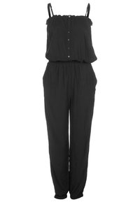 Combinaison noire sans manches avec un col froncé, des boutons sur le devant, une taille élastique et des jambes fuselées. Fabriquée en tissu léger.