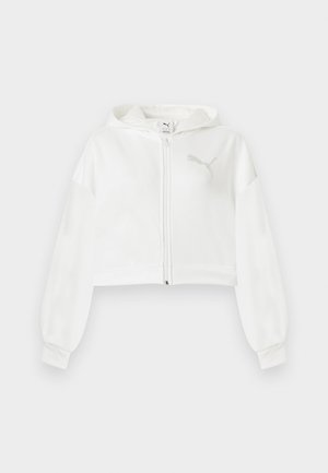 Sweat à capuche court blanc zippé, avec manches longues, capuche et logo Puma réfléchissant sur la poitrine gauche, sur un fond uni.