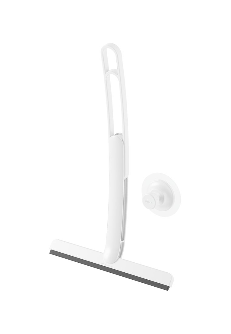 Weißer Abzieher mit gebogenem Griff und Saugnapfhalterung, entworfen zum Reinigen von glatten Oberflächen wie Glas oder Fliesen.