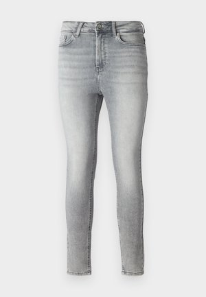 Gray denim skinny jeans with a smooth texture, five-pocket design, and a button and zip closure at the waist. Faded finish throughout.