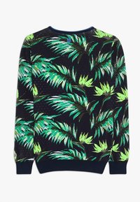 Sweat-shirt noir avec un motif de feuilles de palmier vertes, col rond et poignets côtelés. Tissu doux avec une apparence texturée.
