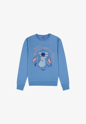 Sudadera azul claro con un personaje de dibujos animados de ojos expresivos, sonriendo, y texto que dice: "Hoy es un buen día para tener un buen día."