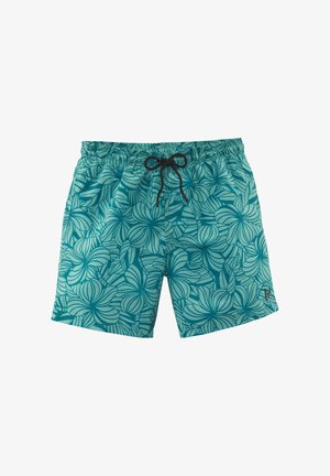 Turquoise swim shorts featuring a large floral pattern in varying shades of teal, with a black drawstring and elastic waistband.