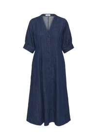 Jeans obleka z V-izrezom, kratkimi napihnjenimi rokavi in gumbom spredaj. Barva je temno modra. Ima tokom južno krilo in mehak videz.