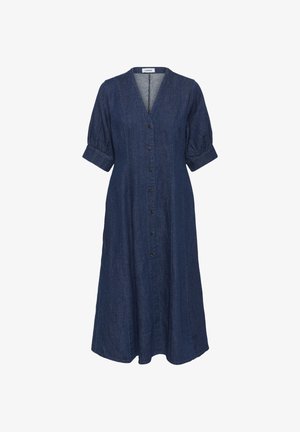 Denimkleit V-kaelusega, lühiolukaga puffvarrukatega ja nööpidega ees. Värv on tume sinine. Omab voogavat seelikut ja pehmet tekstuuri.