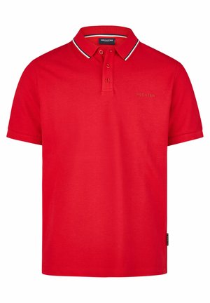 Rode polo-shirt van katoen met een kraag en twee knopen. Heeft een contrasterende witte bies langs de kraag. Subtiel logo op de borst.