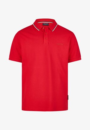 Rode polo-shirt van katoen met een kraag en twee knopen. Heeft een contrasterende witte bies langs de kraag. Subtiel logo op de borst.