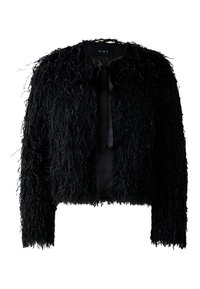Schwarze strukturierte cropped Jacke mit langen Ärmeln, samtigem Stoff und kleinem Schleifenverschluss am Hals.