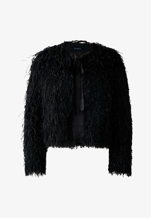 Black textured cropped jacket with long sleeves, fuzzy fabric, and small bow tie closure at the neckline.