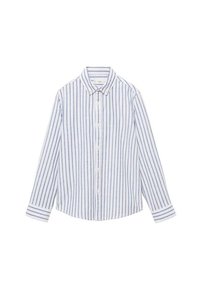 Valkoinen ja sininen raidallinen napitettava paita, jossa on klassinen kaulus, pitkät hihat ja suora helma. Puuvillakangasta, jossa on pystysuoria raitoja.