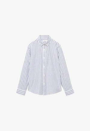 Cămașă cu dungi, albă și albastră, cu guler clasic, mâneci lungi și tiv drept. Fabricat din bumbac, cu dungi verticale.