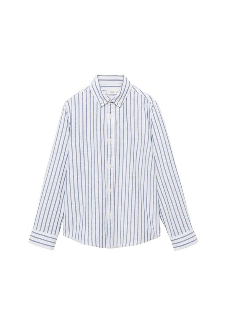 Valkoinen ja sininen raidallinen napitettava paita, jossa on klassinen kaulus, pitkät hihat ja suora helma. Puuvillakangasta, jossa on pystysuoria raitoja.