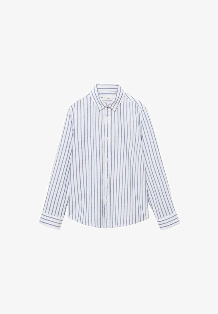 Cămașă cu dungi, albă și albastră, cu guler clasic, mâneci lungi și tiv drept. Fabricat din bumbac, cu dungi verticale.