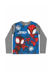 Maglietta grigia a maniche lunghe con una grafica colorata di Spider-Man su sfondo blu, con motivi di ragnatela e loghi.