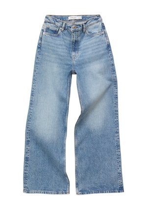 Lichtblauwe wijde denim jeans met voorzakken, riemlussen en knoopsluiting, met lichte vervaging op de dijen en knieën.