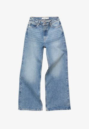 Lichtblauwe wijde denim jeans met voorzakken, riemlussen en knoopsluiting, met lichte vervaging op de dijen en knieën.