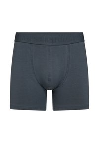 Dark gray boxer briefs with a soft, smooth fabric. Features an elastic waistband embossed with the brand name. Cut with a form-fitting design.