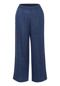 Navy blue wide-leg trousers with an elastic waistband, made from a lightweight linen blend, featuring a smooth texture and no visible patterns.