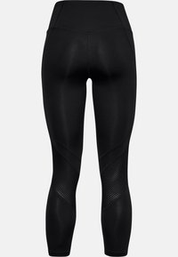 Czarne legginsy sportowe z wysokim stanem, bezszwowym wzornictwem oraz teksturowanymi akcentami siateczkowymi po bokach dla dodatkowego detalu.