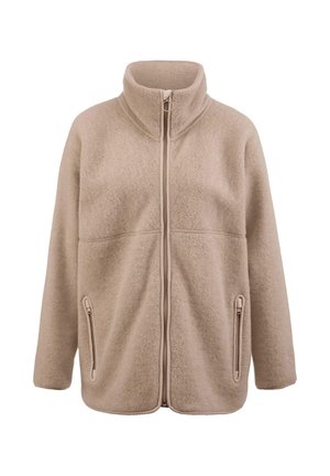 Beige fleecejack met een hoge kraag, een rits aan de voorkant en twee zijzakken met rits. Zachte textuur en een ontspannen pasvorm met gestikte naden.