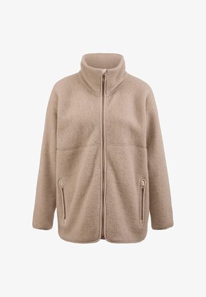 Beige fleecejack met een hoge kraag, een rits aan de voorkant en twee zijzakken met rits. Zachte textuur en een ontspannen pasvorm met gestikte naden.