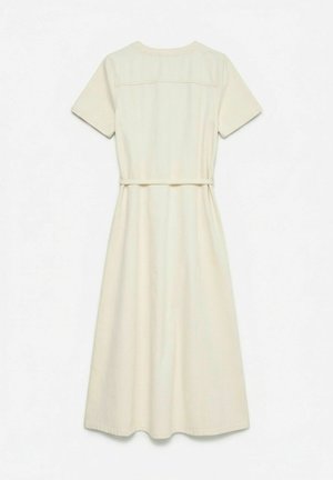 Robe midi à manches courtes de couleur crème avec un col rond et une fine ceinture à la taille, vue de dos.