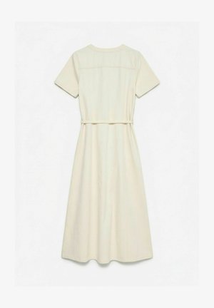 Robe midi à manches courtes de couleur crème avec un col rond et une fine ceinture à la taille, vue de dos.