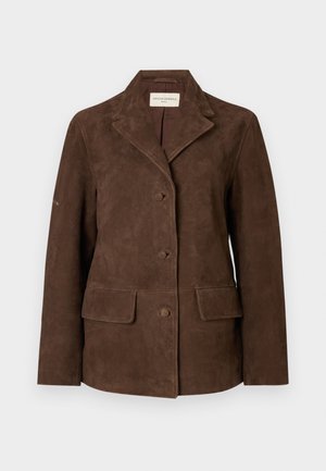 Brown suede blazer with notched lapels, three front buttons, and two flap pockets at the waist, displayed on a plain background.