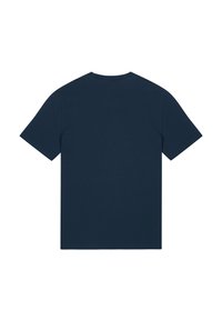 T-shirt en coton bleu marine foncé avec des manches courtes, un col rond et une couleur unie sans motifs ni embellissements.