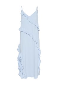 Rochie fără mâneci, de culoare albastru deschis, cu detalii din volane pe cusături; material moale, croială relaxată, lungime până la genunchi, decolteu în forme de V.