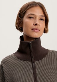 Brown zip-up sweater with a high collar, featuring a textured knit design and contrasting smooth fabric on the collar and zipper area.