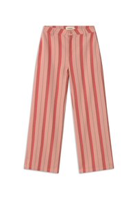Wijdvallende broek van stof met afwisselend zachte roze en rode verticale strepen. Heeft een tailleband en een verborgen sluiting aan de voorkant.