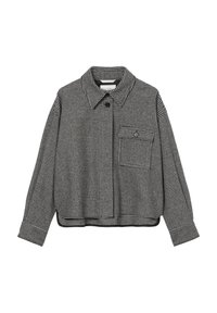 Black and white checked cropped jacket with a collar, single chest pocket, button closure, and a slightly textured fabric.