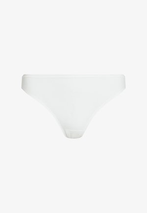 White thong underwear made from soft fabric, featuring a minimalistic design with a narrow waistband and seamless edges.