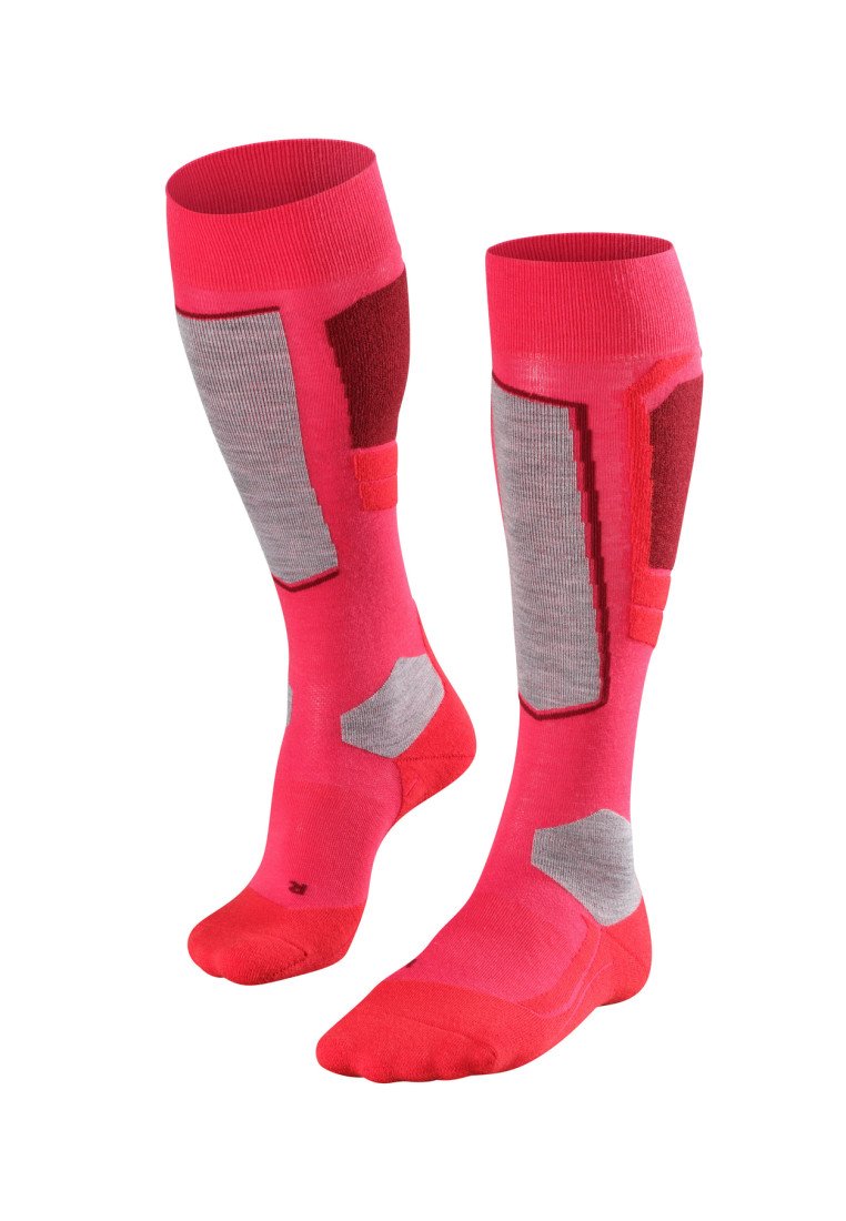 Calze al ginocchio di un brillante rosa con accenti grigi, caratterizzate da un motivo testurizzato e sezioni rinforzate per comfort e durata.