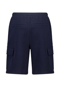 Navy cargo shorts with an elastic waistband, featuring two back pockets and two side pockets, made from a soft, textured fabric.