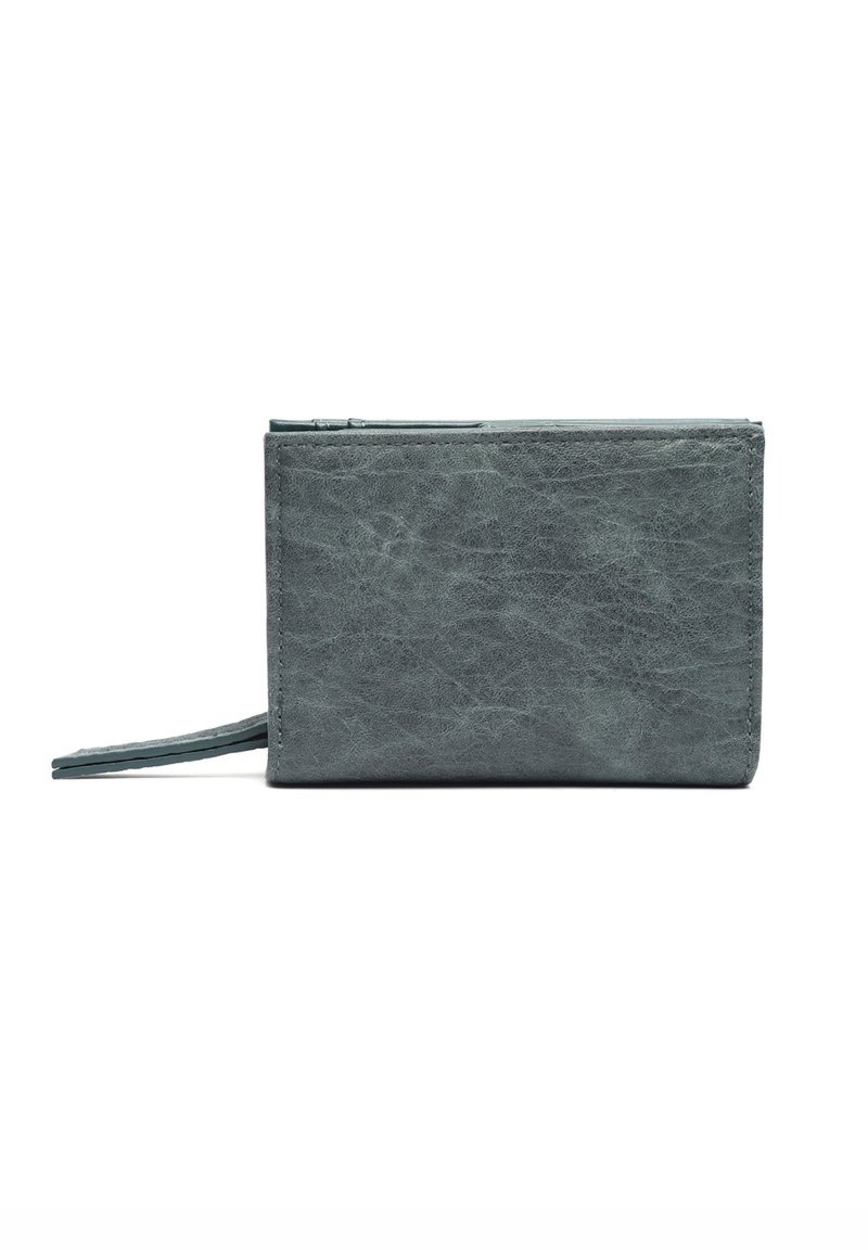 Textured gray leather wallet with a rectangular shape, featuring a zipper compartment at the top and a tassel detail on the side.