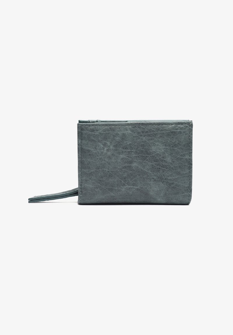 Textured gray leather wallet with a rectangular shape, featuring a zipper compartment at the top and a tassel detail on the side.