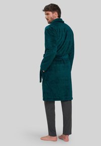 Bata de baño de felpa color verde azulado con un patrón texturizado, cinturón a juego y cuello chal, combinada con pantalones grises, vista desde la parte posterior.